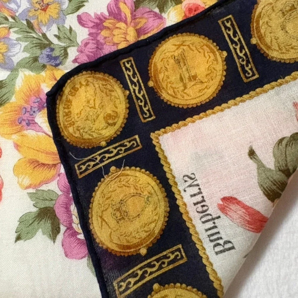 BURBERRYS Scarf Handkerchief Floral Crest Cotton White Navy 22x22